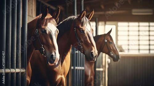 Horses peering out from stable boxes. Concept of equine care, stable management, horse breeding, animal housing, sports equestrian club, farm life, and equine curiosity