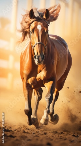 Horse galloping in a sandy arena. Concept of freedom, power, equine grace, sports equestrian club, horse training. Vertical.