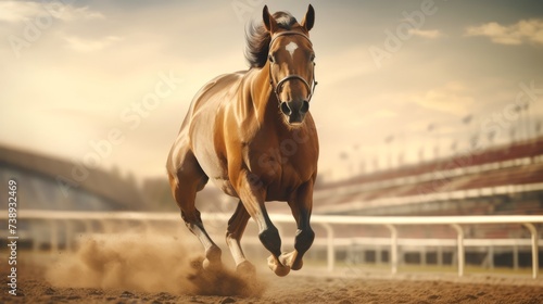 Horse galloping in a sandy arena. Concept of freedom, power, equine grace, sports equestrian club, horse training © Jafree