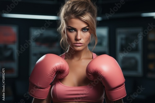 Fashionable Fit woman boxer in pink boxing gloves and sportswear, ready to train. Concept of female strength, fitness training, fashion, beauty, active lifestyle, and female empowerment in sports