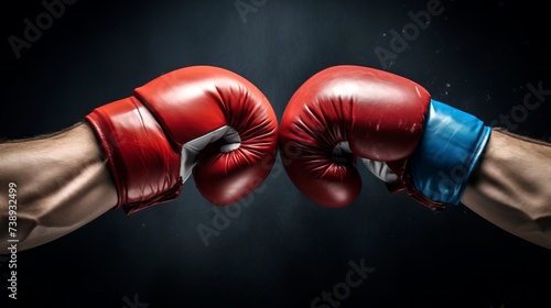 Impact moment between two boxing gloves. Fist bump. Dark background. Concept of competition, opposing forces, training, sport competition, and the dynamic nature of boxing