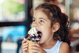 a little girl is eating an ice cream cone in a restaurant