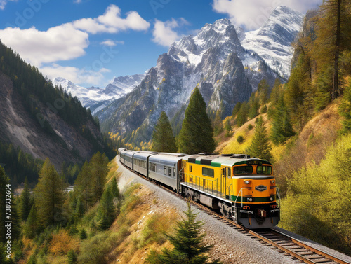 A breathtaking shot of a train winding through majestic mountains, surrounded by scenic beauty.