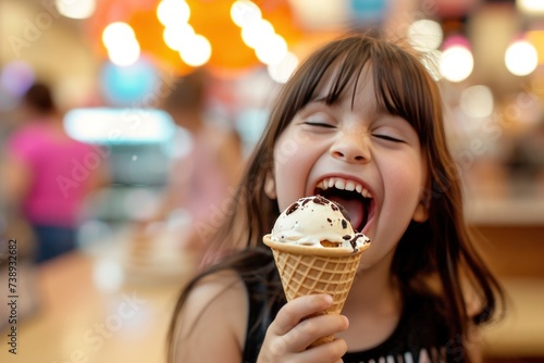 A happy girl enjoying an ice cream cone in a restaurant