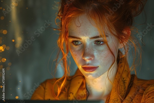 A fiery-haired woman gazes confidently into the camera, her expressive face adorned with luscious lashes and perfectly groomed eyebrows, capturing the essence of portrait photography in a powerful in