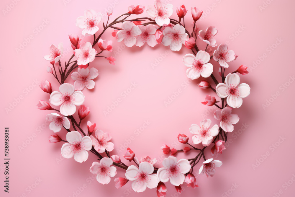 Flowers composition. Wreath pink flowers on pink background. Spring, summer, easter concept. Flat lay, top view, copy space. Flower background. Generative AI