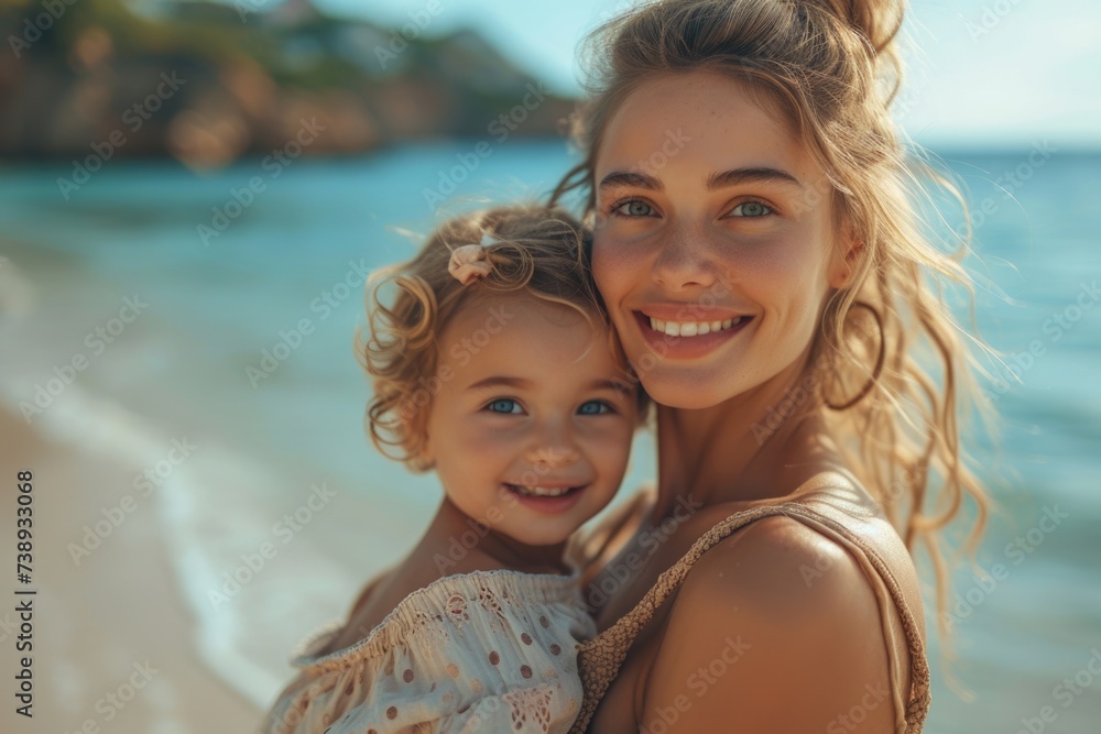 Joyful Mother and Daughter on the Beach Joyful Mother and Daughter on the Beach