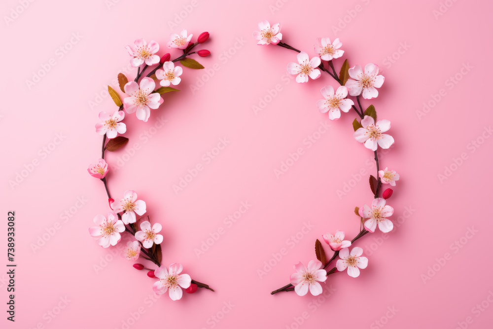 Flowers composition. Wreath pink flowers on pink background. Spring, summer, easter concept. Flat lay, top view, copy space. Flower background. Generative AI