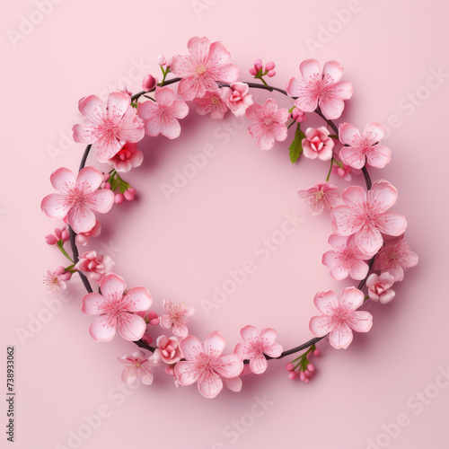 Flowers composition. Wreath pink flowers on pink background. Spring  summer  easter concept. Flat lay  top view  copy space. Flower background. Generative AI