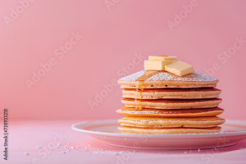 Stack of pancakes with butter on pink background. Breakfast food concept. Minimalistic composition. Pancake Day, Maslenitsa, Shrovetide. Design for banner, invitation, card with copy space. 