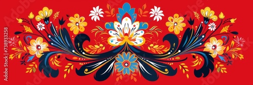 Colorful floral embroidery design on red background. Traditional ethnic ornament. Slavic and russian style. Symmetrical pattern. Design for textile  print