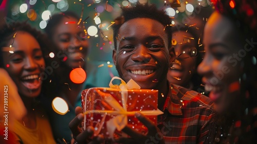 A person gleefully unwrapping a gift surrounded by friends and family, with excitement and anticipation, joyful person in festive attire at a party
