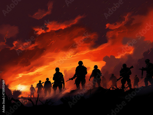 Soldiers in silhouette stand against a fiery sky, creating a scene of courage and determination.