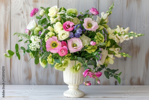 Fresh cut spring flowers in vase on wooden background