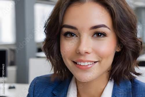 Beautiful young American woman at work smiling photo