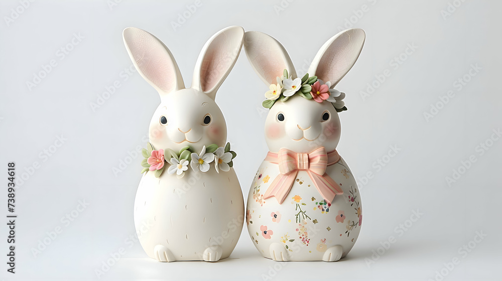 A delightful Easter egg bunny pair/couple, one with a floral wreath and the other with a bow tie, sitting together against a bright white backdrop