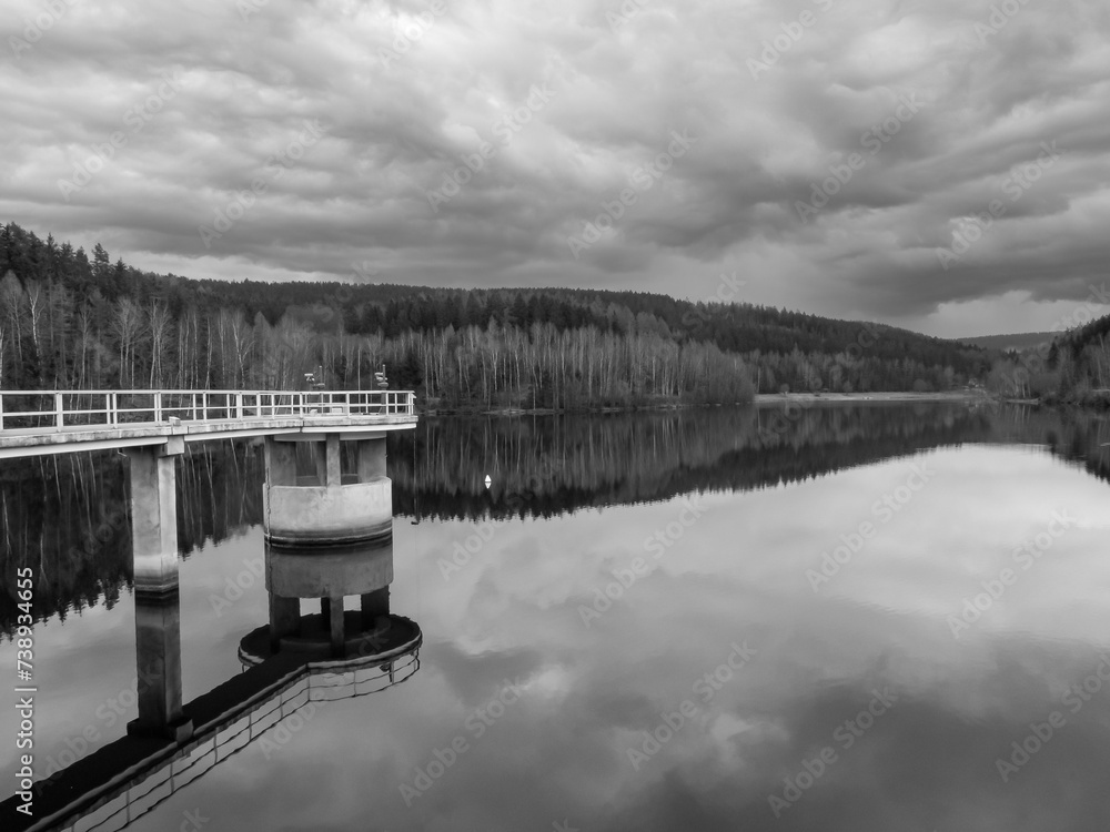 bridge over falkenstein dam, vogtland saxony germany black and white photography