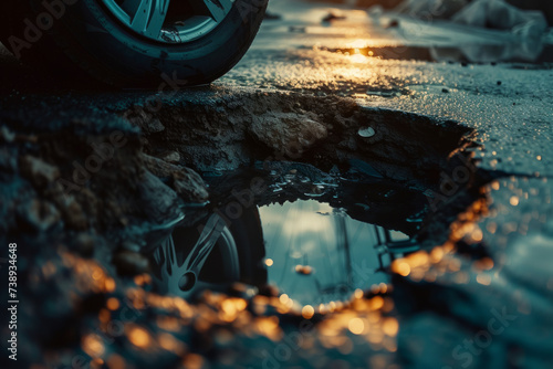 Close up of a car tyre next to a pothole in the road photo