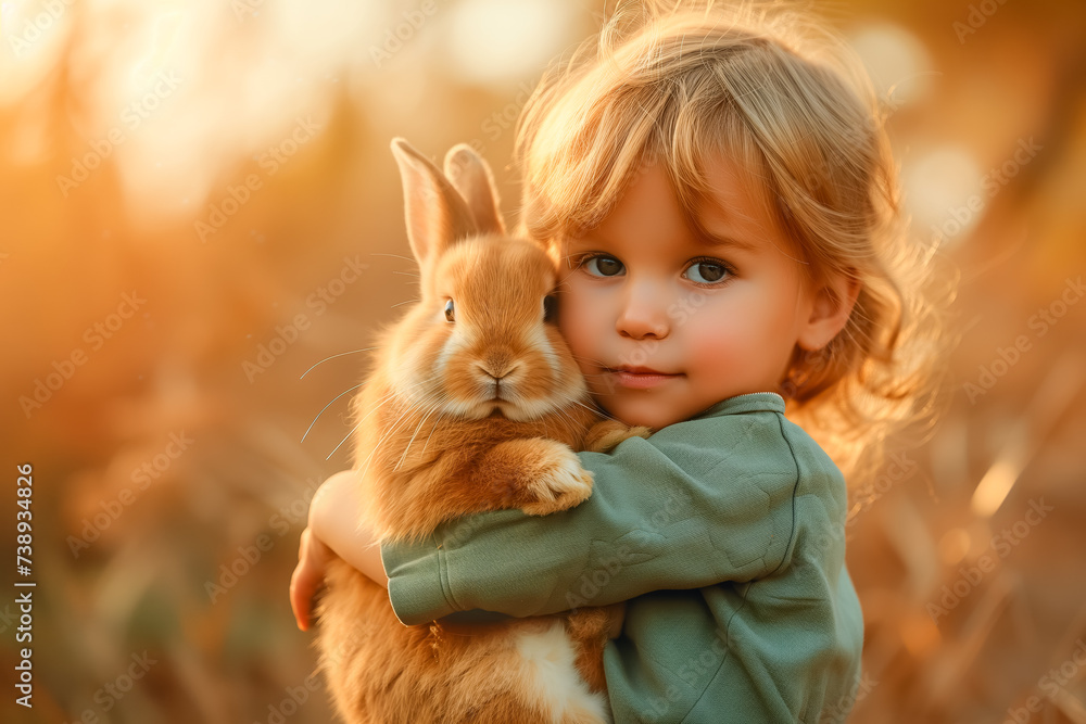cute little boy holds and hugs fluffy rabbit in arms outdoor. domestic animals. Easter bunny cute little boy holds and hugs fluffy rabbit in arms outdoor. domestic animals. Easter bunny