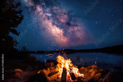 Close up of campfire and constellations in the wilderness and Milky Way.