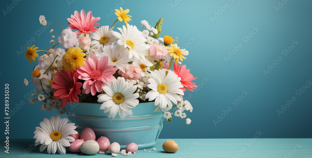 Naklejka premium Spring beautiful flowers in a blue bucket surrounded by Easter eggs.