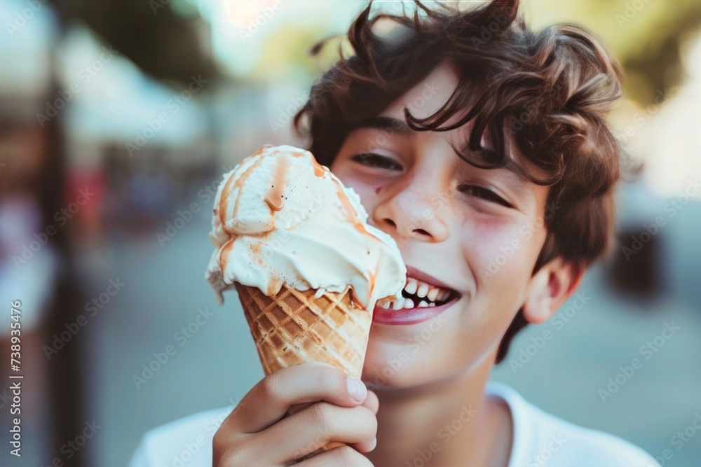 A young boy with a big smile enjoying an ice cream cone