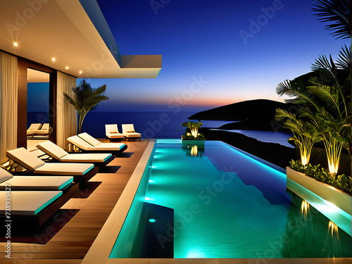 Elegant Luxury Ambiance - Ambient Lit Designer Decor & Tranquil Pool  © Images Guru