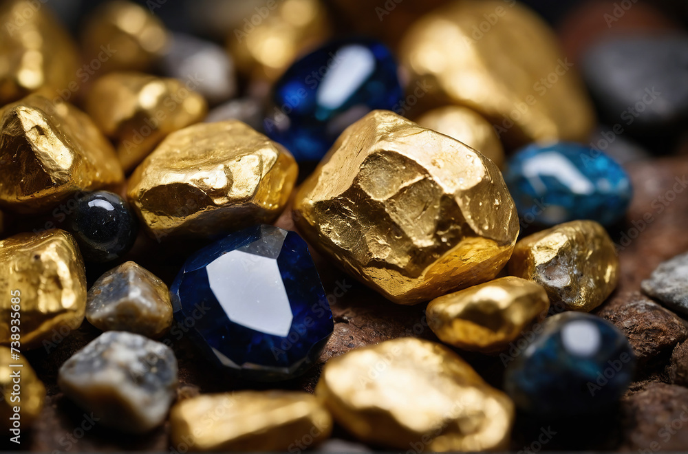 Close-up of gold nuggets mixed with precious stones. Selective focus. Success, business and store concept. Close-up of gold nuggets mixed with precious stones. Selective focus. Success, business and store concept.