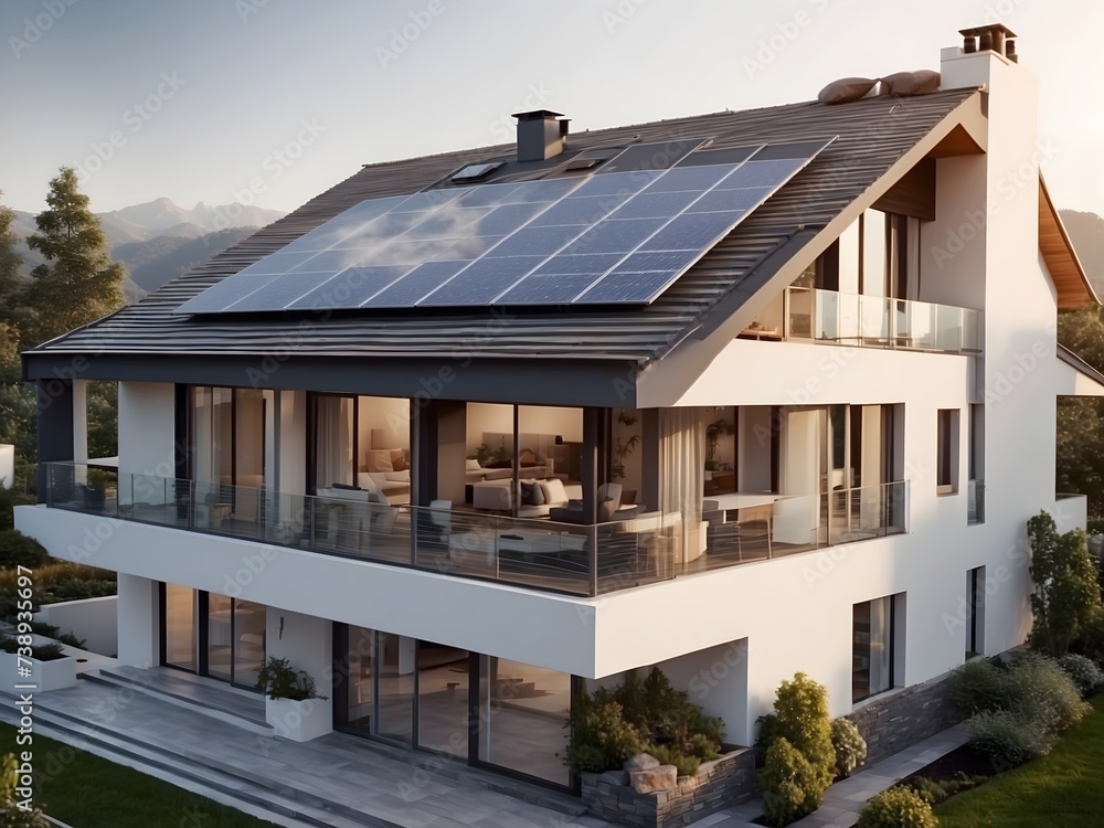 Modern house with solar panels on the roof, renewable green energy concept, architecture background, 