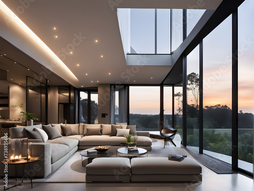 Modern Living Room in Luxury Villa with Beige Leather Couch