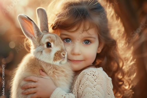 cute little girl holds and hugs fluffy rabbit in arms outdoor. Easter card. domestic animals. Easter bunny. © zamuruev