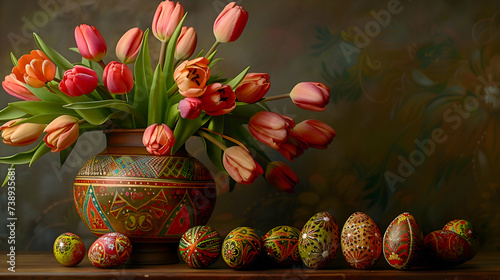 A beautifully arranged still life featuring Easter eggs painted with intricate designs, alongside a vase of blooming tulips