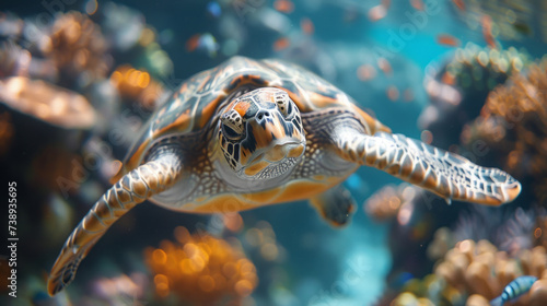 Majestic Sea Turtle Cruising Along Underwater Coral Wonderland