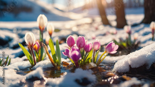 The first everlasting flowers grow from under the snow. Close-up. Selective focus.