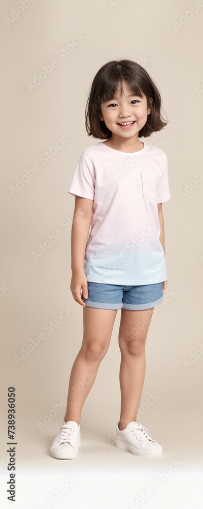 A child model wearing a blank plain t-shirt in a studio shot, perfect for mockups or designing custom shirts as templates A child model wearing a blank plain t-shirt in a studio shot, perfect for mockups or designing custom shirts as templates
