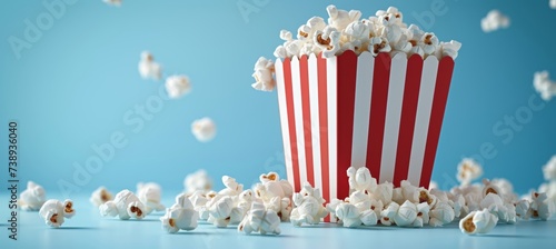 Scattered popcorn from red striped box on pastel blue background with copy space for text. © Ilja
