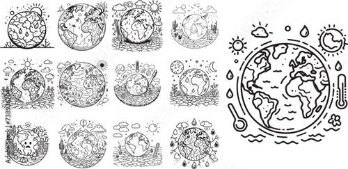 hand drawn global warming earth set black and white vector graphics 