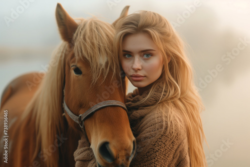 A young woman wearing casual clothing stands next to a brown horse in a foggy field