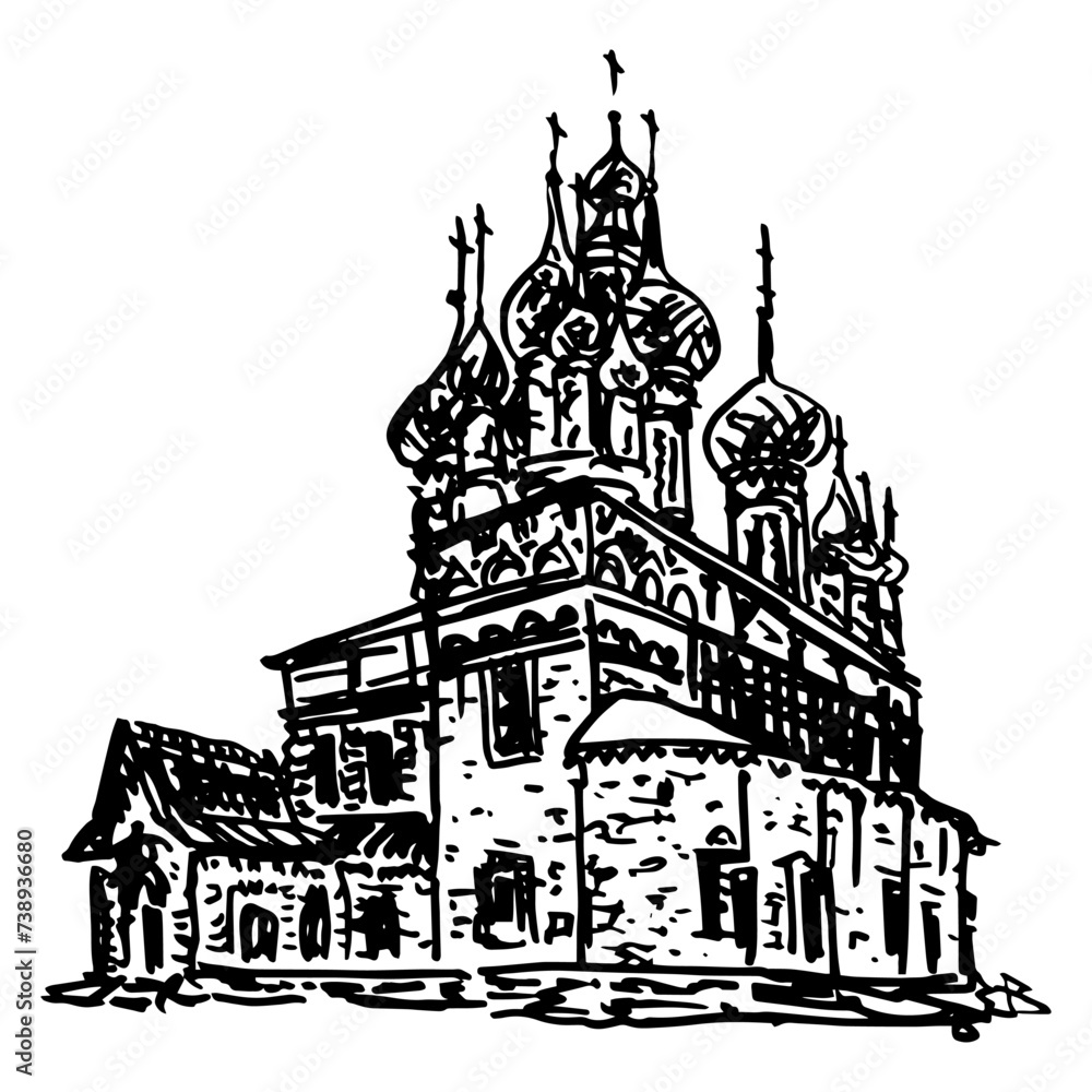 The Church of St. John Chrysostome in Korovnik, Yaroslavl, Russia. Old Russian Orthodox temple. Hand drawn linear doodle rough sketch. Black and white silhouette.