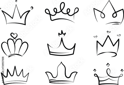 Line art king or queen crown sketch, beautiful diadem and luxurious decals vector illustration set. photo