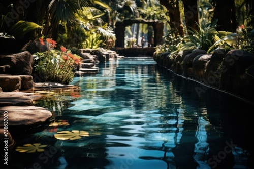 A pool nestled among lush green trees and vibrant plants, creating a refreshing oasis in a natural setting © Ihor