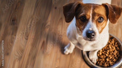 Jack Russell Terrier Waiting to Eat from Full Dog Food Bowl