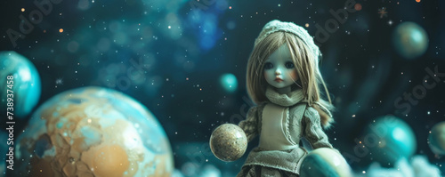 A Painting of a Girl Doll Standing in Front of Planets