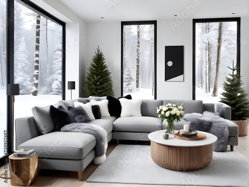 Modern interior design of living room with fireplace and sofas panoramic windows with winter landscape