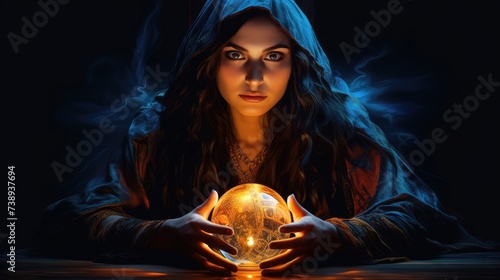 Mysterious female fortune teller guessing future at the table with magic crystal ball. Black background. AI Generated  photo