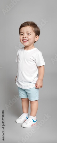 A young and cute toddler wearing a blank plain t-shirt in a studio photo, perfect for mockups or designing custom shirts as templates