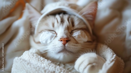 Cute cat lays with closed eyes wearing white towel with cosmetological mask on her face