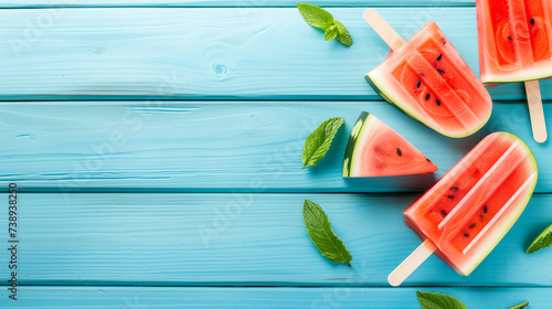 ice cream made from watermelon slices on a blue wooden table, top view photo