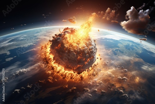 Planet Earth exploding from nuclear blast. Explosion of atomic bomb. Apocalypse  world war 3. AI Generated