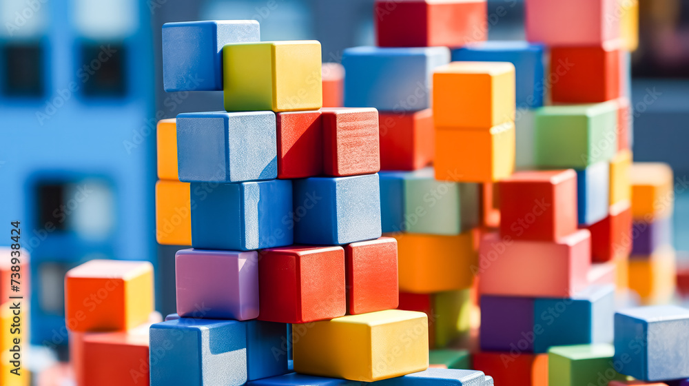 Colorful wooden building blocks arranged on a vibrant background, perfect for childrens games and educational activities. Colorful wooden building blocks arranged on a vibrant background, perfect for childrens games and educational activities.